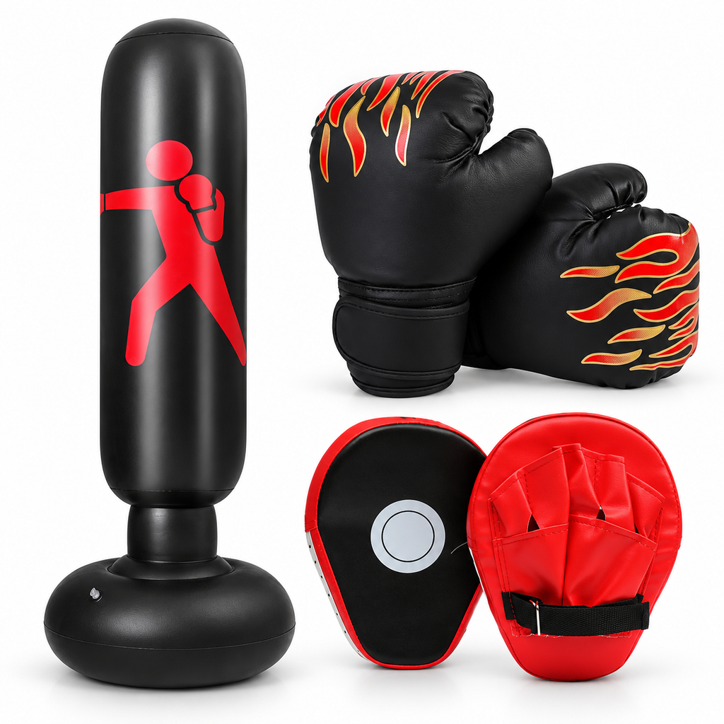 Aufblasbarer Boxsack & Handschuh-Set für Kinder – Schwarz
